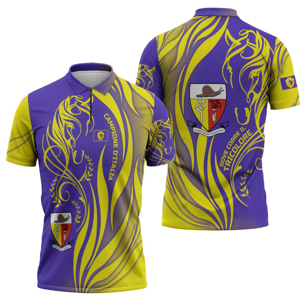 Campione d’Italia Zipper Polo Shirt with Yellow Horse Graphic and Purple Flame Crest - Wonder Print Shop