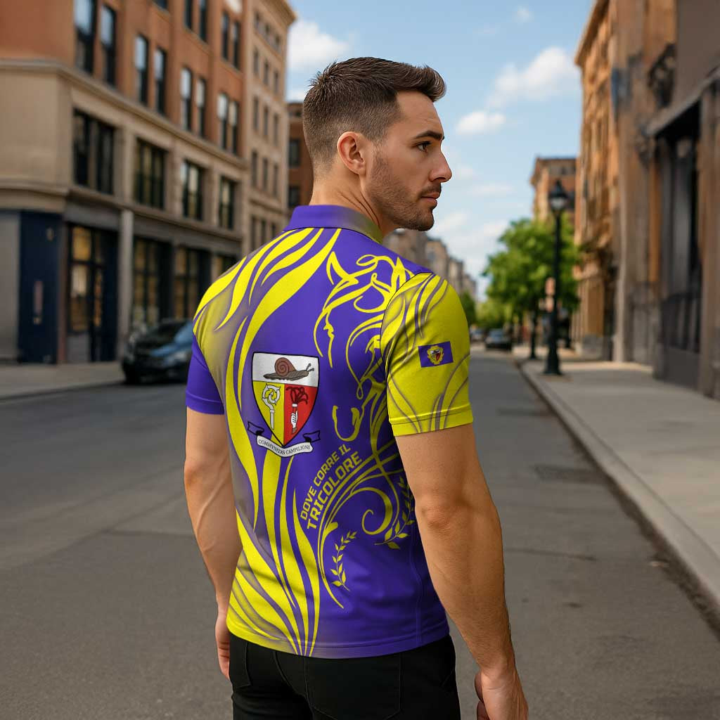 Campione d’Italia Zipper Polo Shirt with Yellow Horse Graphic and Purple Flame Crest - Wonder Print Shop