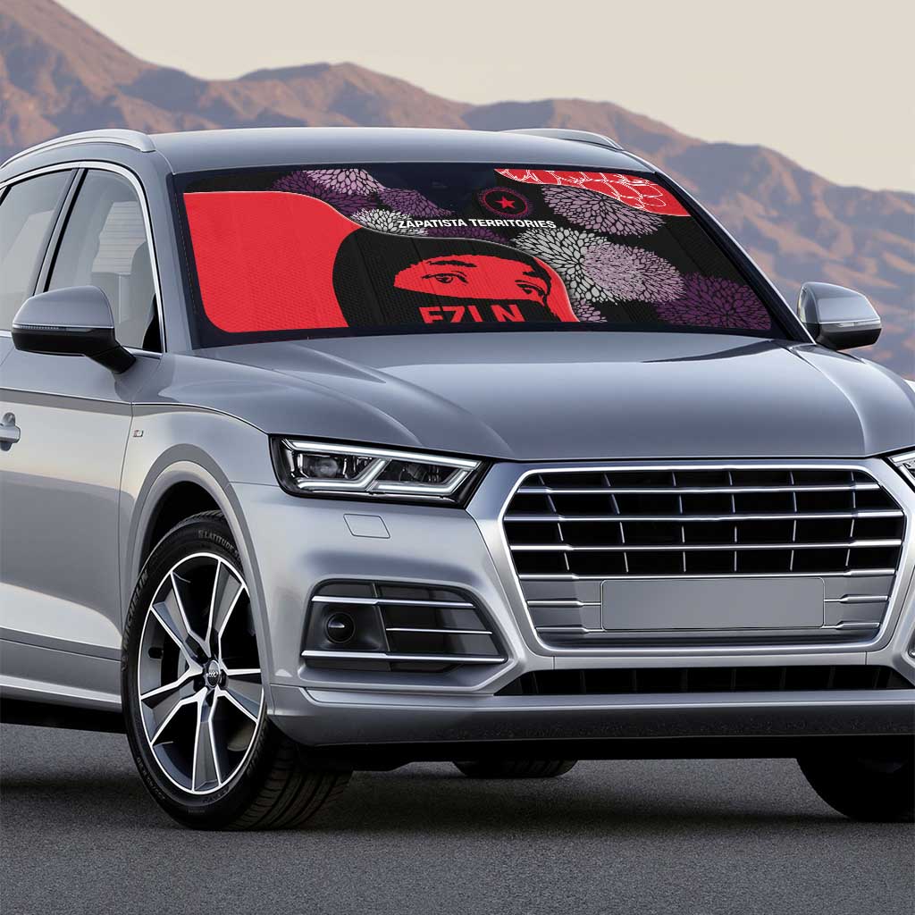 Zapatista Territories Auto Sun Shade Mexico with EZLN Masked Face and Floral - Wonder Print Shop