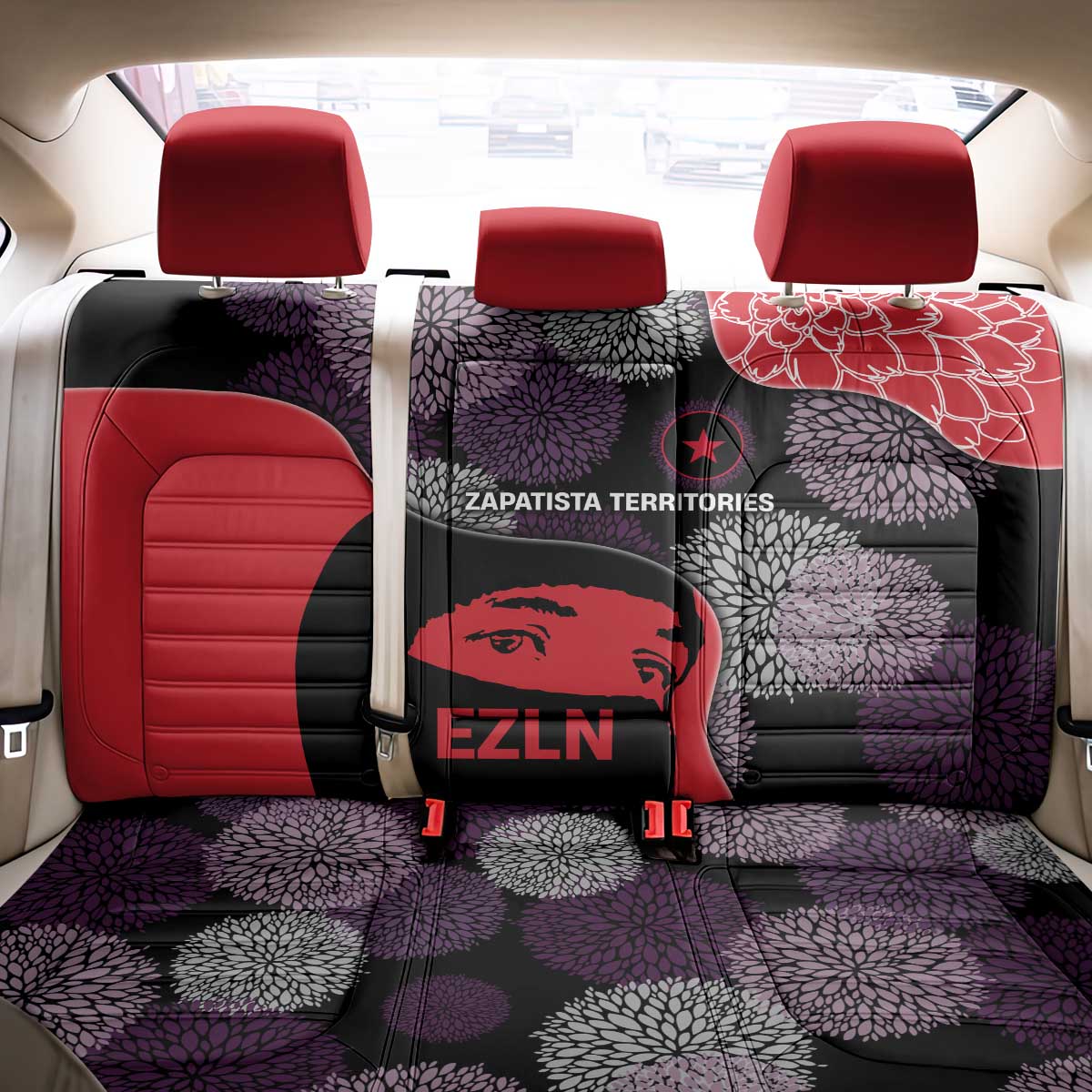 Zapatista Territories Back Car Seat Cover Mexico with EZLN Masked Face and Floral - Wonder Print Shop