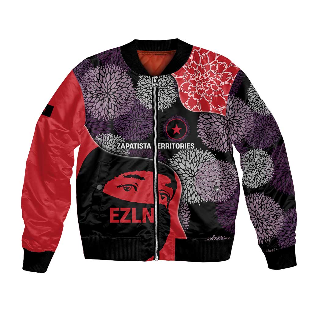 Zapatista Territories Bomber Jacket Mexico with EZLN Masked Face and Floral - Wonder Print Shop