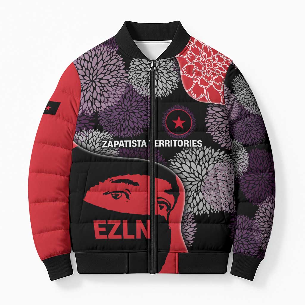 Zapatista Territories Bomber Puffer Jacket Mexico with EZLN Masked Face and Floral - Wonder Print Shop