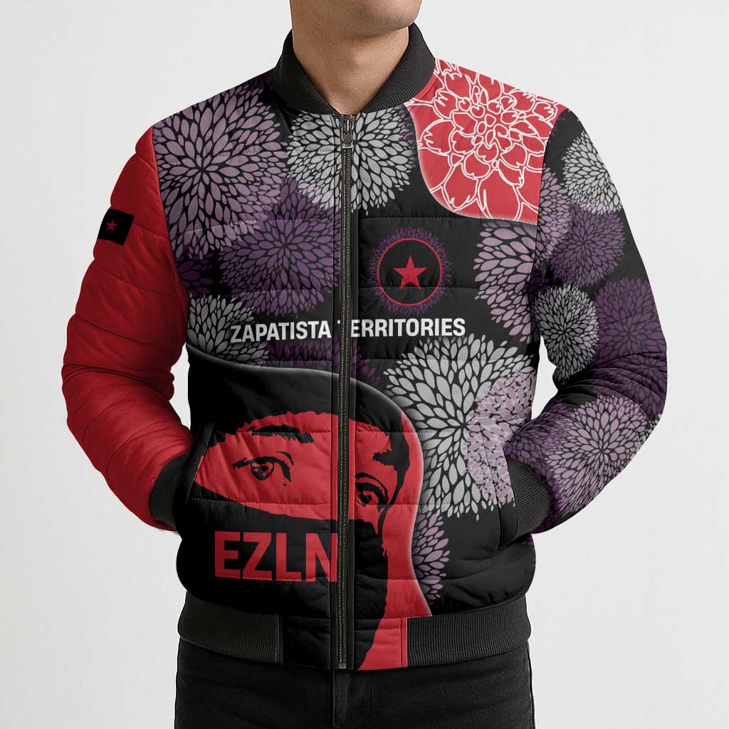 Zapatista Territories Bomber Puffer Jacket Mexico with EZLN Masked Face and Floral - Wonder Print Shop
