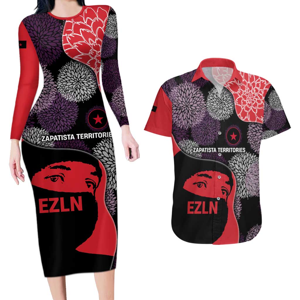 Zapatista Territories Couples Matching Long Sleeve Bodycon Dress and Hawaiian Shirt Mexico with EZLN Masked Face and Floral - Wonder Print Shop