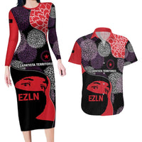 Zapatista Territories Couples Matching Long Sleeve Bodycon Dress and Hawaiian Shirt Mexico with EZLN Masked Face and Floral - Wonder Print Shop
