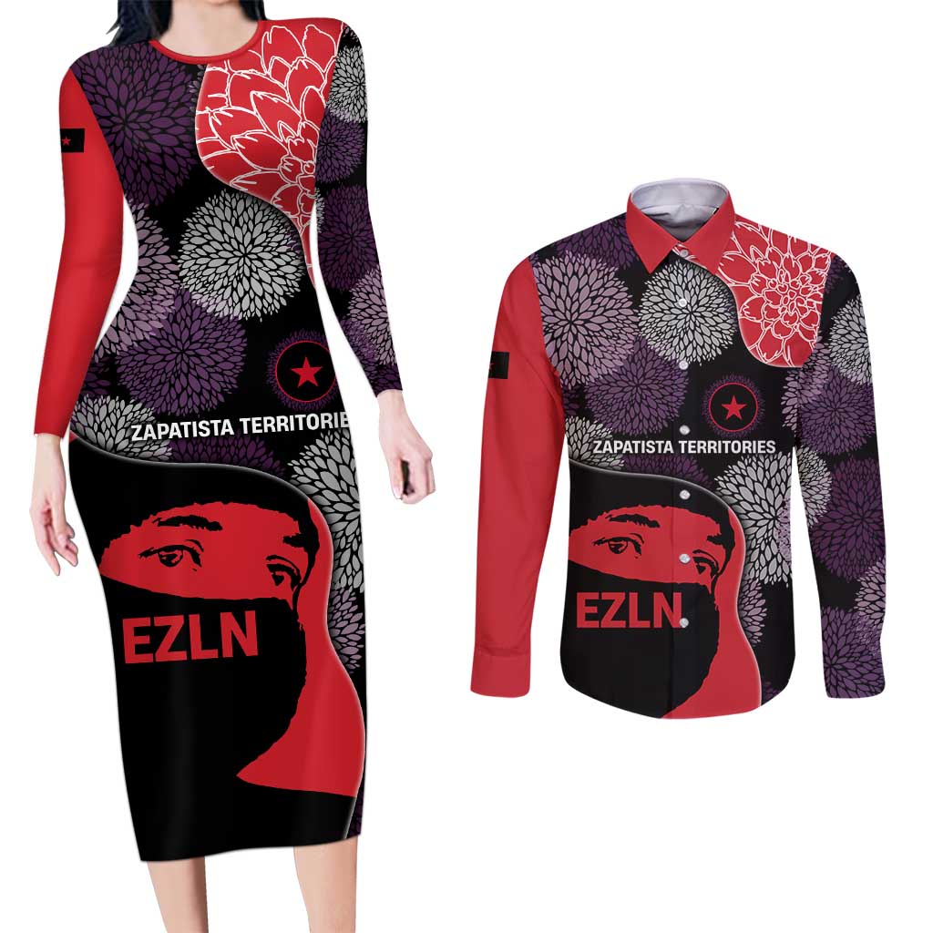 Zapatista Territories Couples Matching Long Sleeve Bodycon Dress and Long Sleeve Button Shirt Mexico with EZLN Masked Face and Floral - Wonder Print Shop