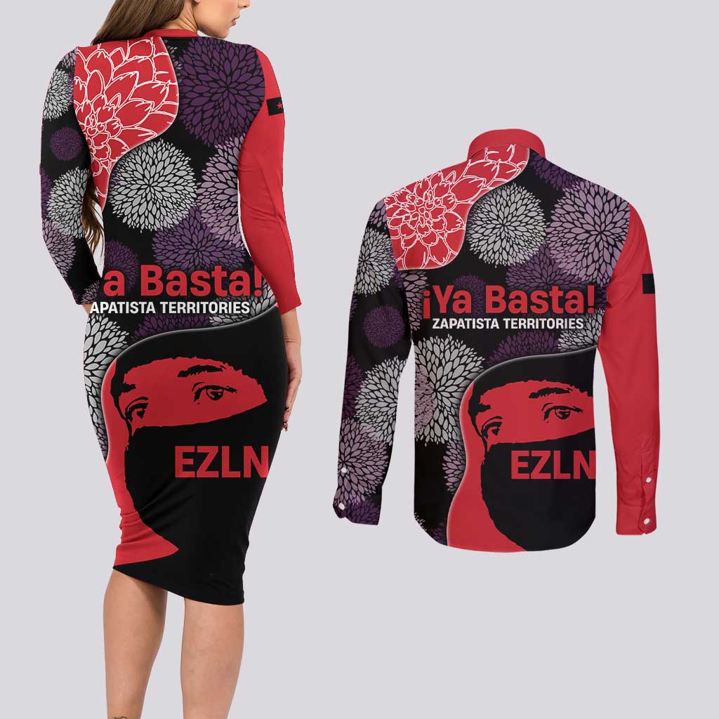 Zapatista Territories Couples Matching Long Sleeve Bodycon Dress and Long Sleeve Button Shirt Mexico with EZLN Masked Face and Floral - Wonder Print Shop