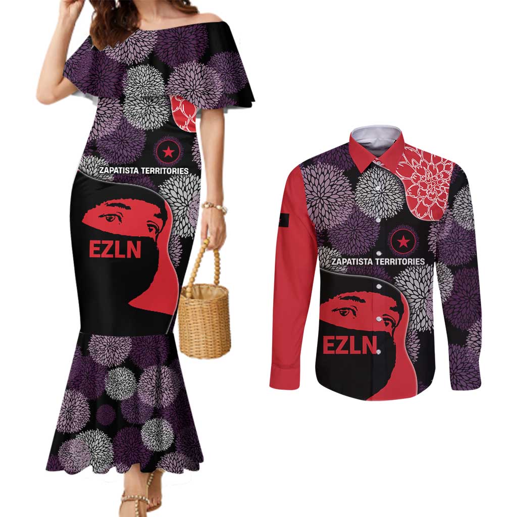 Zapatista Territories Couples Matching Mermaid Dress and Long Sleeve Button Shirt Mexico with EZLN Masked Face and Floral - Wonder Print Shop