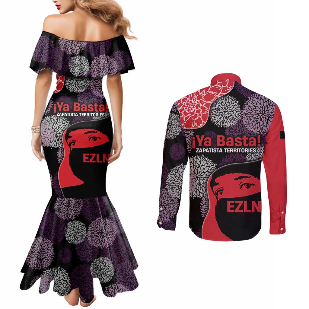 Zapatista Territories Couples Matching Mermaid Dress and Long Sleeve Button Shirt Mexico with EZLN Masked Face and Floral - Wonder Print Shop
