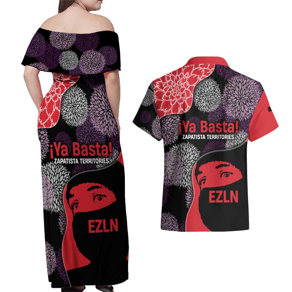 Zapatista Territories Couples Matching Off Shoulder Maxi Dress and Hawaiian Shirt Mexico with EZLN Masked Face and Floral - Wonder Print Shop