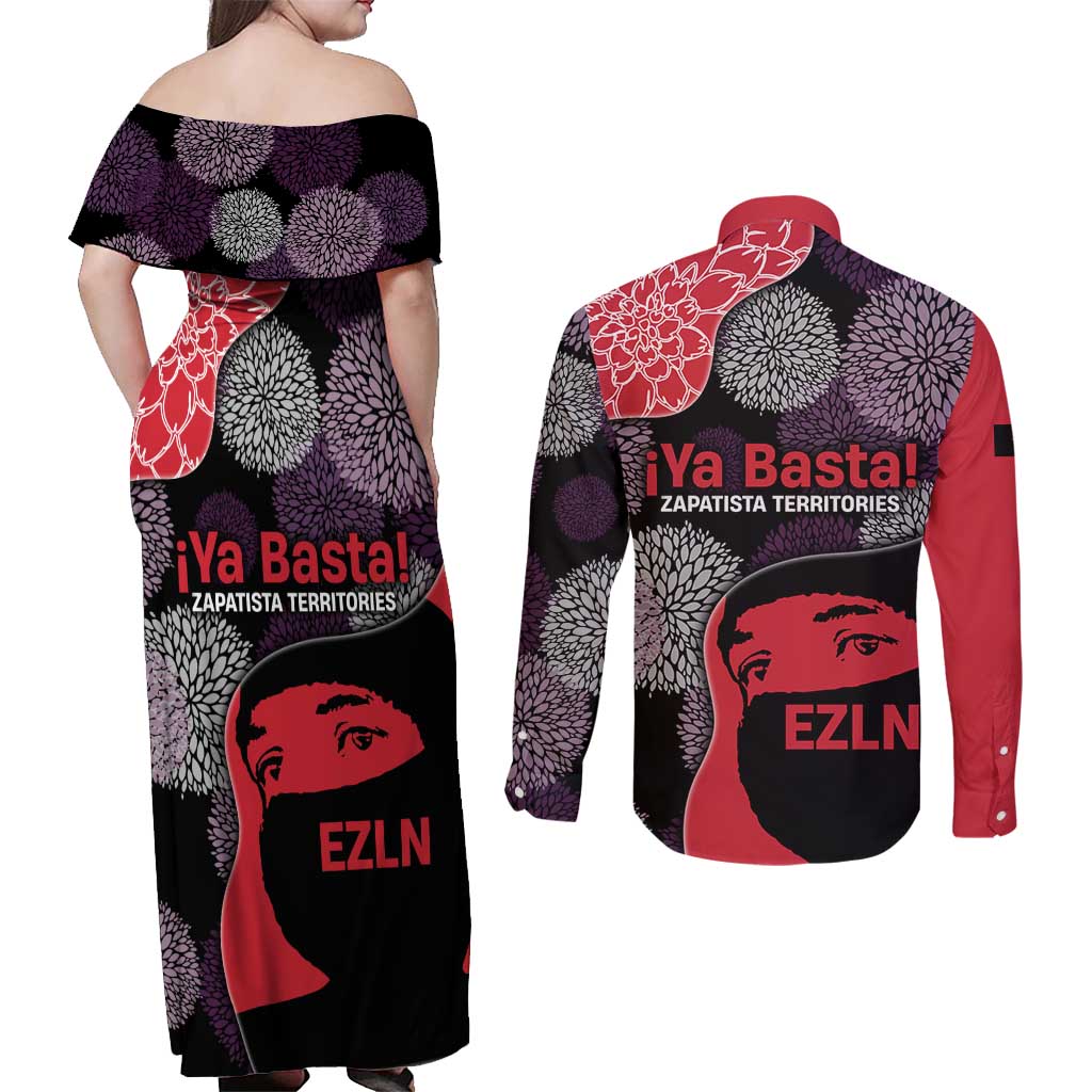 Zapatista Territories Couples Matching Off Shoulder Maxi Dress and Long Sleeve Button Shirt Mexico with EZLN Masked Face and Floral - Wonder Print Shop