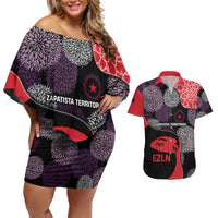 Zapatista Territories Couples Matching Off Shoulder Short Dress and Hawaiian Shirt Mexico with EZLN Masked Face and Floral - Wonder Print Shop