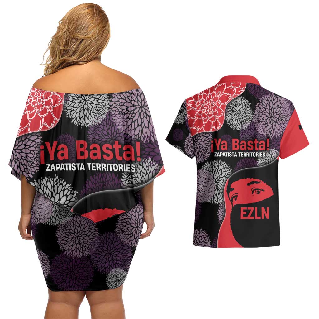 Zapatista Territories Couples Matching Off Shoulder Short Dress and Hawaiian Shirt Mexico with EZLN Masked Face and Floral - Wonder Print Shop