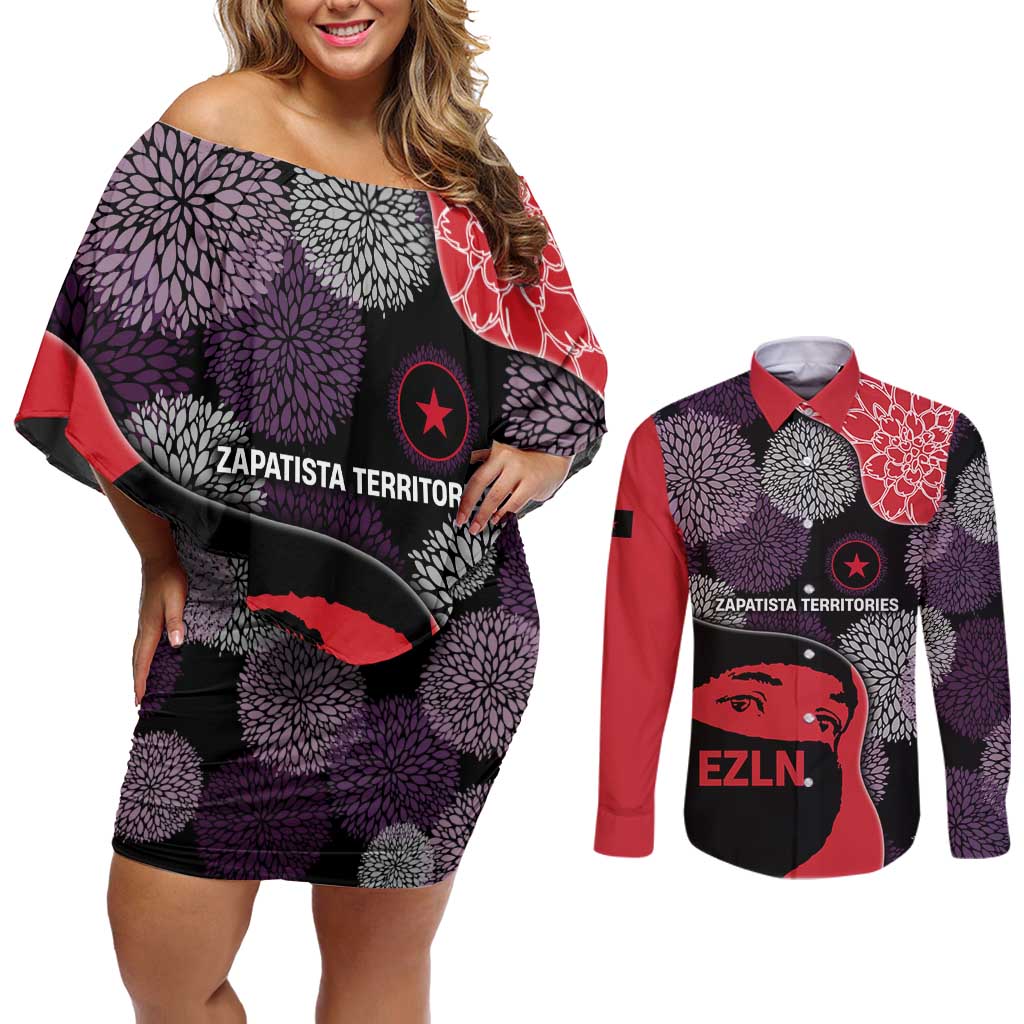 Zapatista Territories Couples Matching Off Shoulder Short Dress and Long Sleeve Button Shirt Mexico with EZLN Masked Face and Floral - Wonder Print Shop