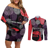 Zapatista Territories Couples Matching Off Shoulder Short Dress and Long Sleeve Button Shirt Mexico with EZLN Masked Face and Floral - Wonder Print Shop