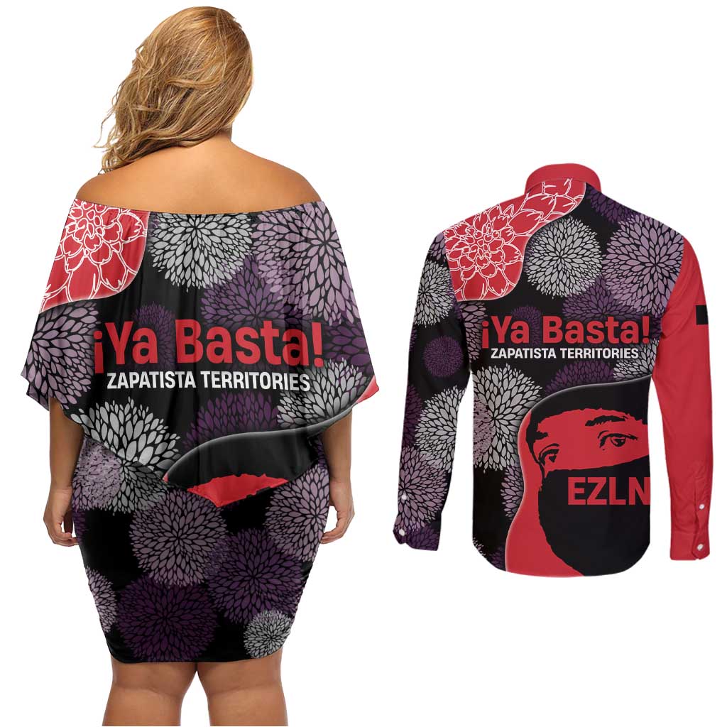 Zapatista Territories Couples Matching Off Shoulder Short Dress and Long Sleeve Button Shirt Mexico with EZLN Masked Face and Floral - Wonder Print Shop