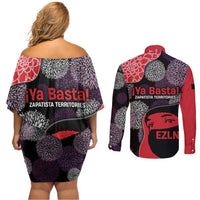 Zapatista Territories Couples Matching Off Shoulder Short Dress and Long Sleeve Button Shirt Mexico with EZLN Masked Face and Floral - Wonder Print Shop