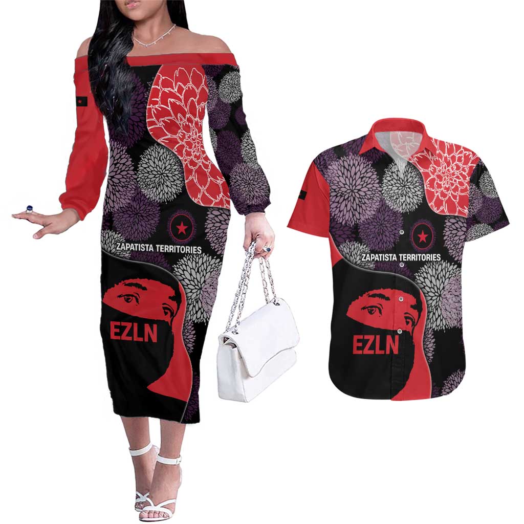 Zapatista Territories Couples Matching Off The Shoulder Long Sleeve Dress and Hawaiian Shirt Mexico with EZLN Masked Face and Floral - Wonder Print Shop
