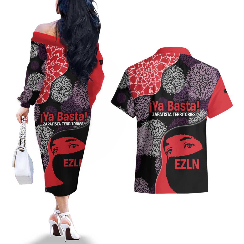 Zapatista Territories Couples Matching Off The Shoulder Long Sleeve Dress and Hawaiian Shirt Mexico with EZLN Masked Face and Floral - Wonder Print Shop