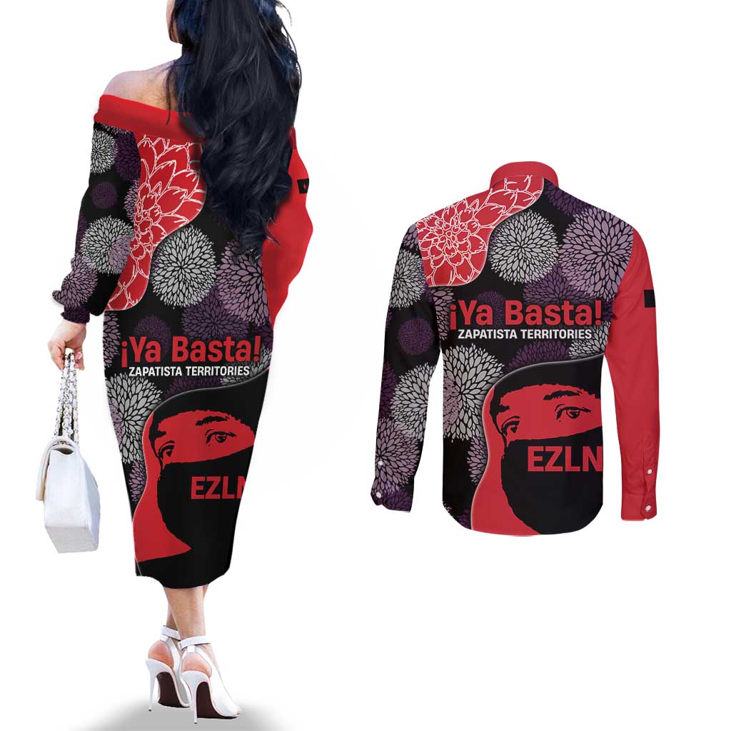 Zapatista Territories Couples Matching Off The Shoulder Long Sleeve Dress and Long Sleeve Button Shirt Mexico with EZLN Masked Face and Floral - Wonder Print Shop