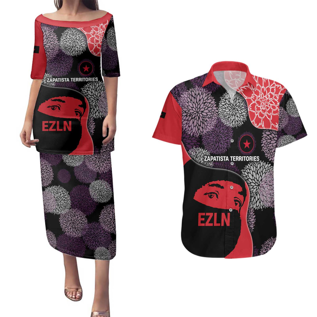 Zapatista Territories Couples Matching Puletasi and Hawaiian Shirt Mexico with EZLN Masked Face and Floral - Wonder Print Shop