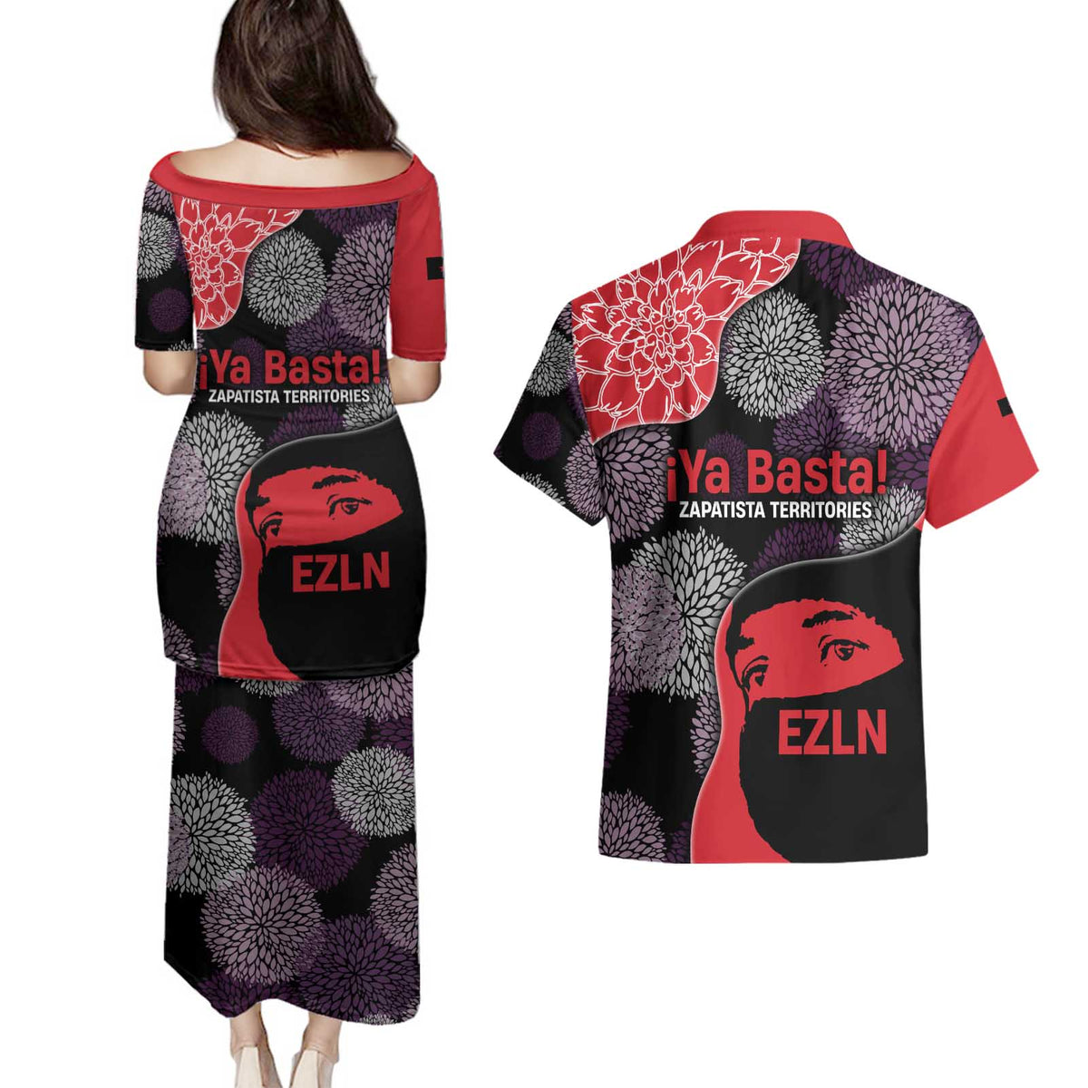 Zapatista Territories Couples Matching Puletasi and Hawaiian Shirt Mexico with EZLN Masked Face and Floral - Wonder Print Shop