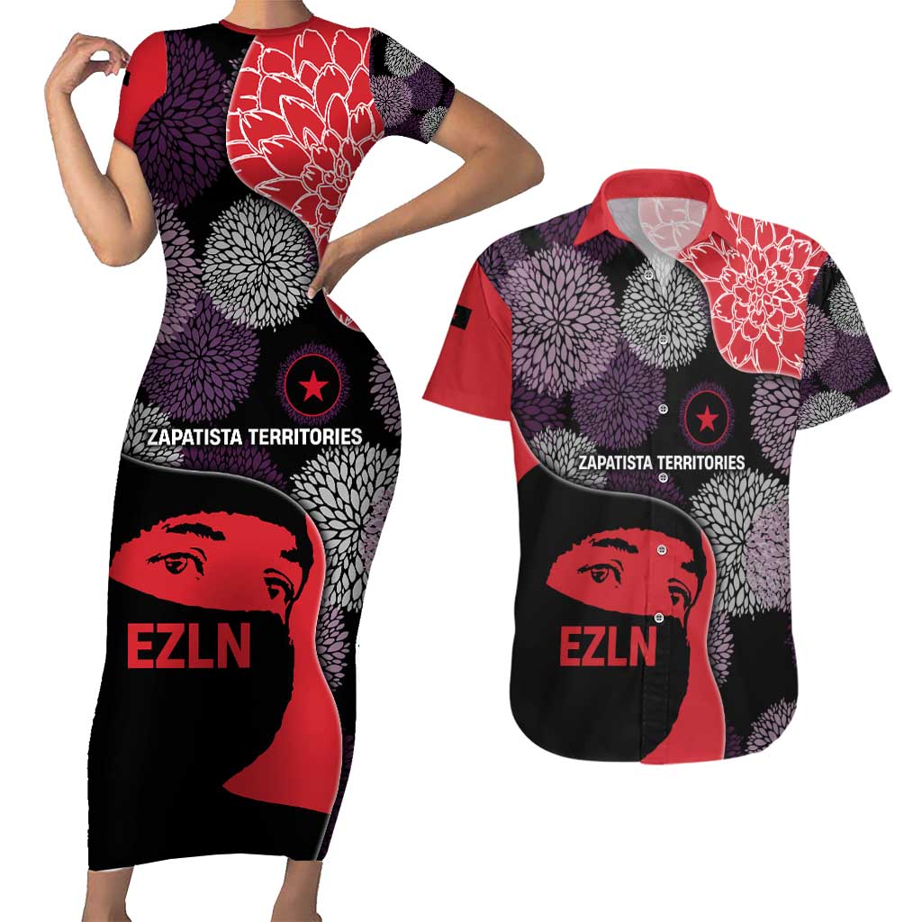 Zapatista Territories Couples Matching Short Sleeve Bodycon Dress and Hawaiian Shirt Mexico with EZLN Masked Face and Floral - Wonder Print Shop