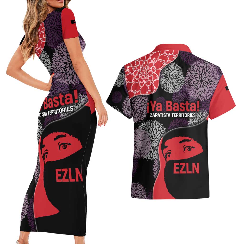 Zapatista Territories Couples Matching Short Sleeve Bodycon Dress and Hawaiian Shirt Mexico with EZLN Masked Face and Floral - Wonder Print Shop