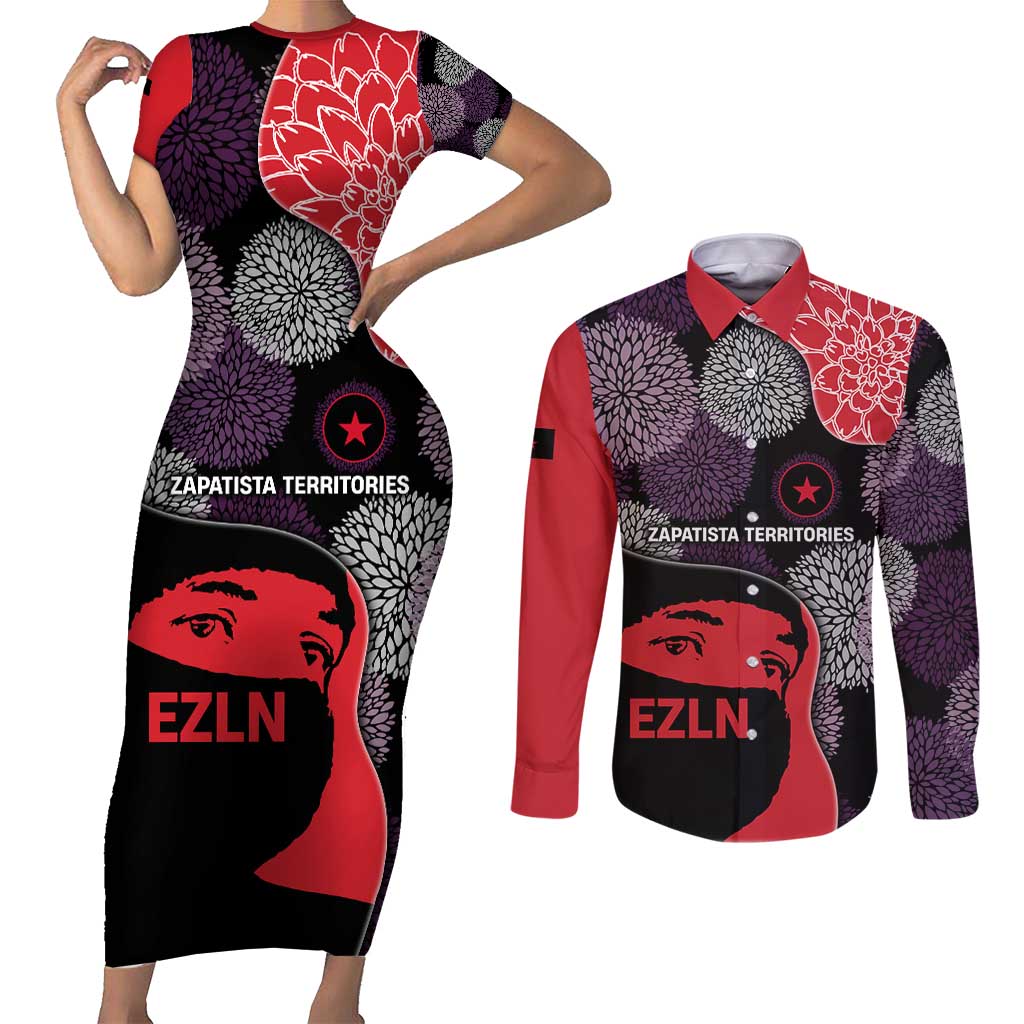 Zapatista Territories Couples Matching Short Sleeve Bodycon Dress and Long Sleeve Button Shirt Mexico with EZLN Masked Face and Floral - Wonder Print Shop