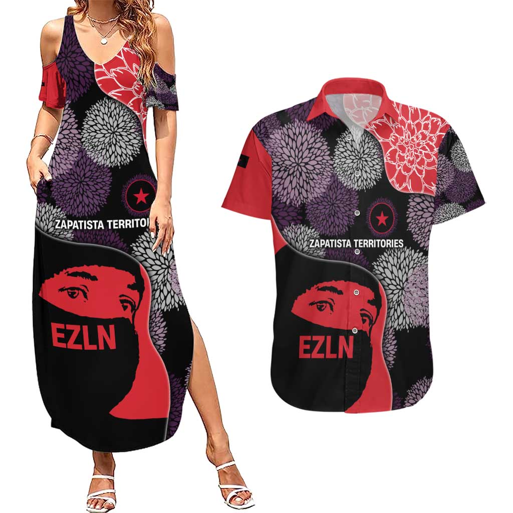 Zapatista Territories Couples Matching Summer Maxi Dress and Hawaiian Shirt Mexico with EZLN Masked Face and Floral - Wonder Print Shop
