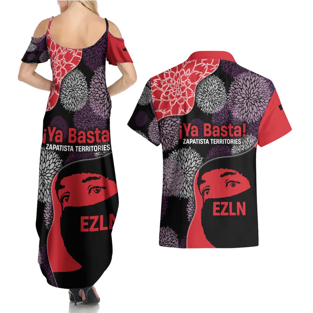 Zapatista Territories Couples Matching Summer Maxi Dress and Hawaiian Shirt Mexico with EZLN Masked Face and Floral - Wonder Print Shop