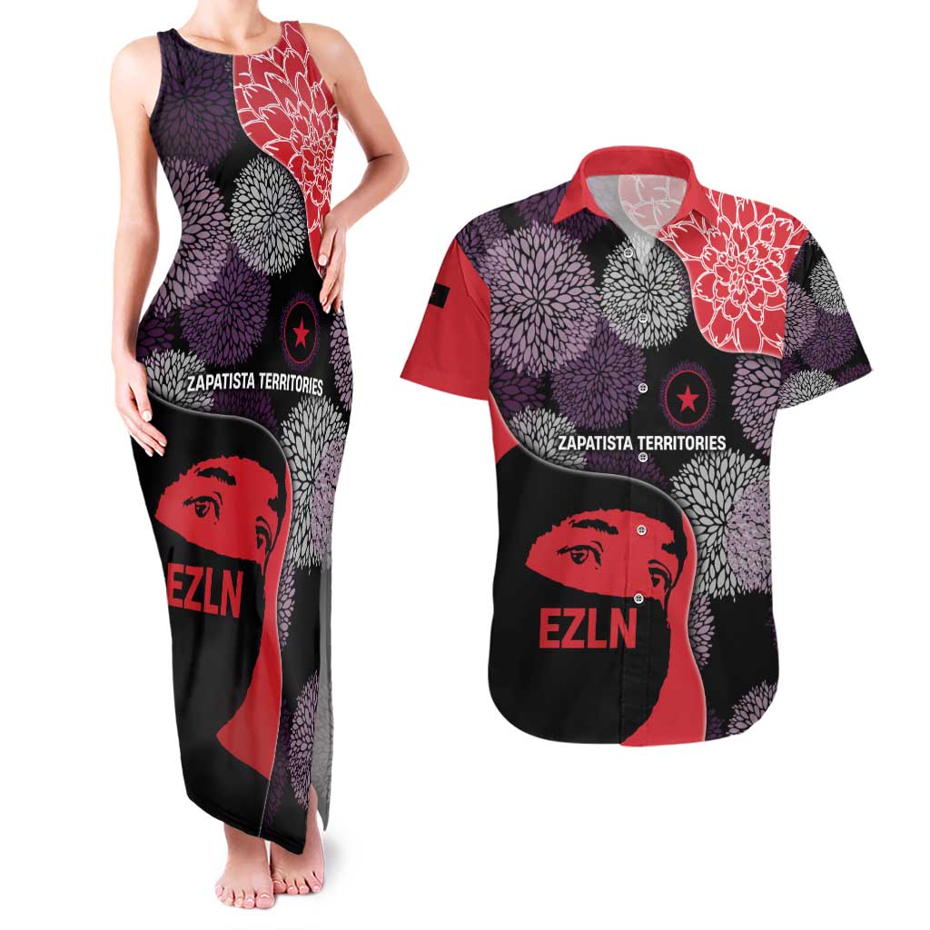 Zapatista Territories Couples Matching Tank Maxi Dress and Hawaiian Shirt Mexico with EZLN Masked Face and Floral - Wonder Print Shop