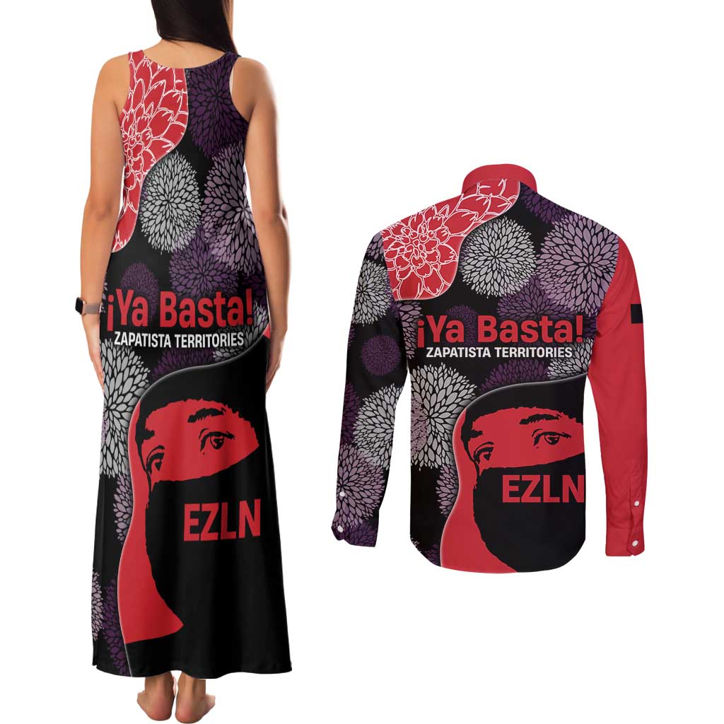 Zapatista Territories Couples Matching Tank Maxi Dress and Long Sleeve Button Shirt Mexico with EZLN Masked Face and Floral - Wonder Print Shop