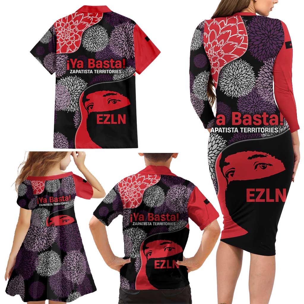 Zapatista Territories Family Matching Long Sleeve Bodycon Dress and Hawaiian Shirt Mexico with EZLN Masked Face and Floral - Wonder Print Shop