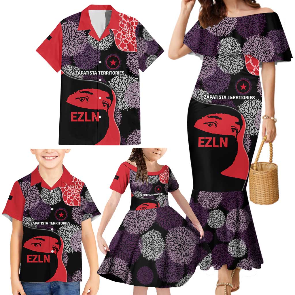 Zapatista Territories Family Matching Mermaid Dress and Hawaiian Shirt Mexico with EZLN Masked Face and Floral - Wonder Print Shop
