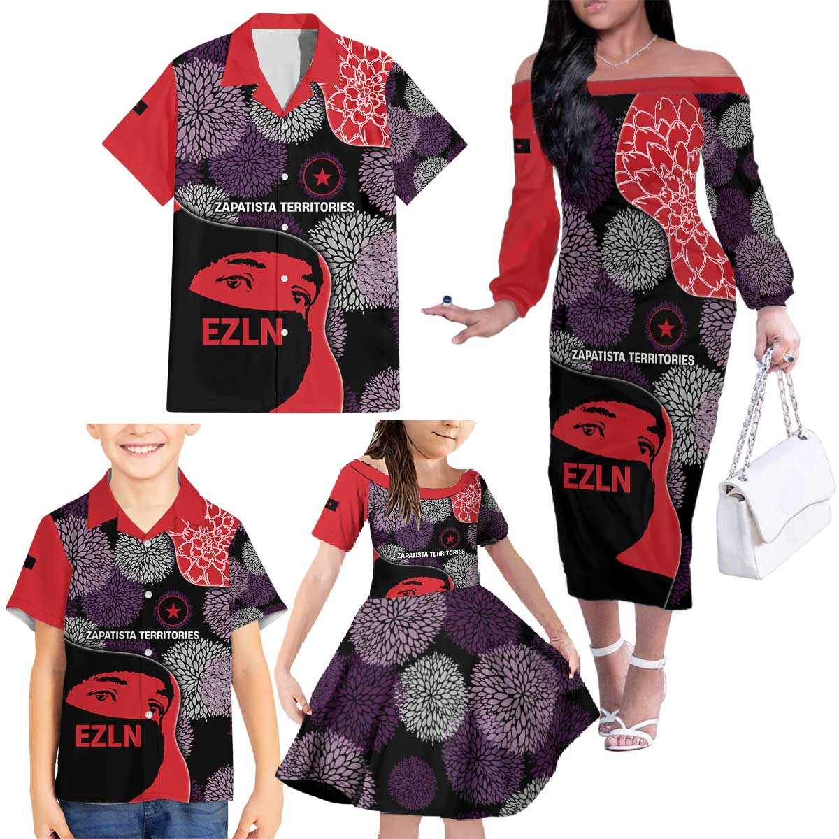 Zapatista Territories Family Matching Off The Shoulder Long Sleeve Dress and Hawaiian Shirt Mexico with EZLN Masked Face and Floral - Wonder Print Shop