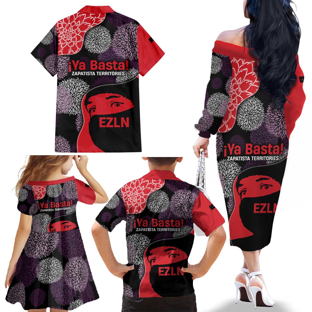 Zapatista Territories Family Matching Off The Shoulder Long Sleeve Dress and Hawaiian Shirt Mexico with EZLN Masked Face and Floral - Wonder Print Shop