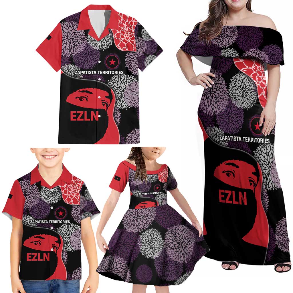 Zapatista Territories Family Matching Off Shoulder Maxi Dress and Hawaiian Shirt Mexico with EZLN Masked Face and Floral - Wonder Print Shop