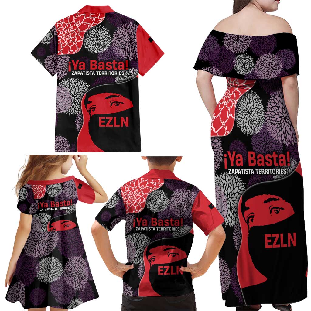 Zapatista Territories Family Matching Off Shoulder Maxi Dress and Hawaiian Shirt Mexico with EZLN Masked Face and Floral - Wonder Print Shop