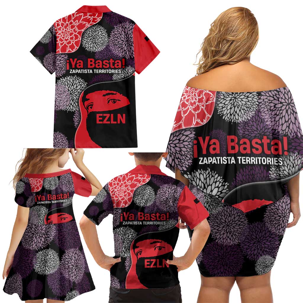 Zapatista Territories Family Matching Off Shoulder Short Dress and Hawaiian Shirt Mexico with EZLN Masked Face and Floral - Wonder Print Shop