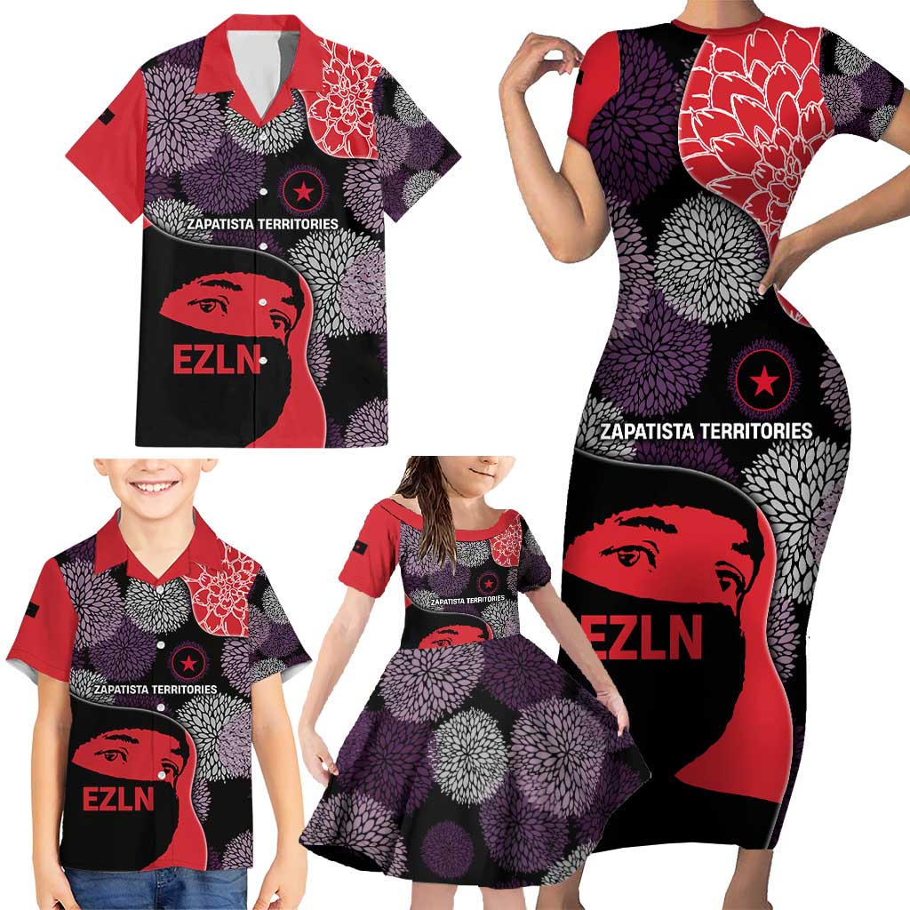 Zapatista Territories Family Matching Short Sleeve Bodycon Dress and Hawaiian Shirt Mexico with EZLN Masked Face and Floral - Wonder Print Shop