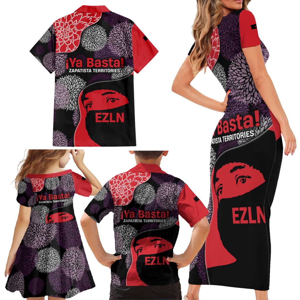 Zapatista Territories Family Matching Short Sleeve Bodycon Dress and Hawaiian Shirt Mexico with EZLN Masked Face and Floral - Wonder Print Shop