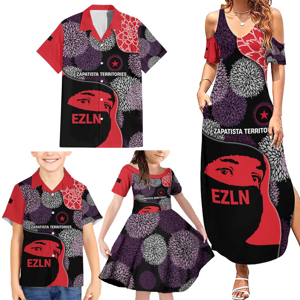 Zapatista Territories Family Matching Summer Maxi Dress and Hawaiian Shirt Mexico with EZLN Masked Face and Floral - Wonder Print Shop