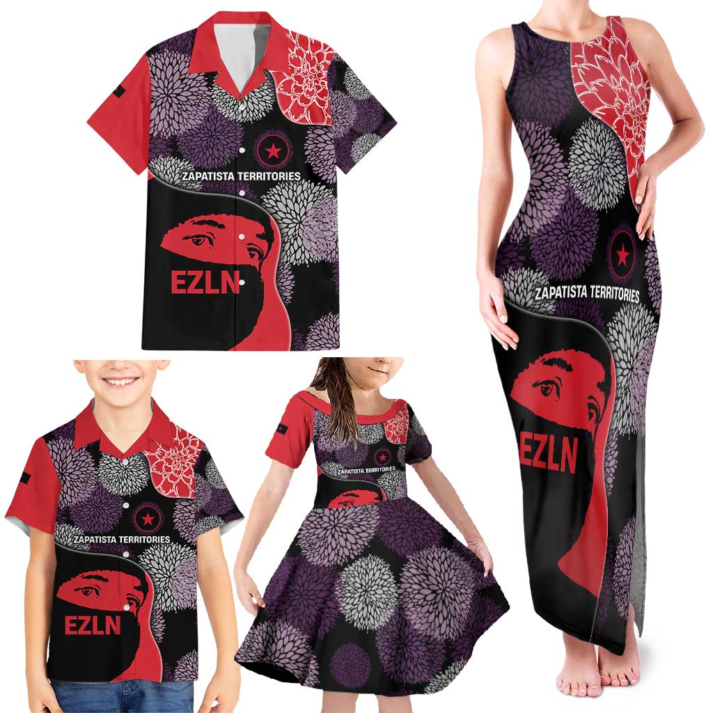Zapatista Territories Family Matching Tank Maxi Dress and Hawaiian Shirt Mexico with EZLN Masked Face and Floral - Wonder Print Shop