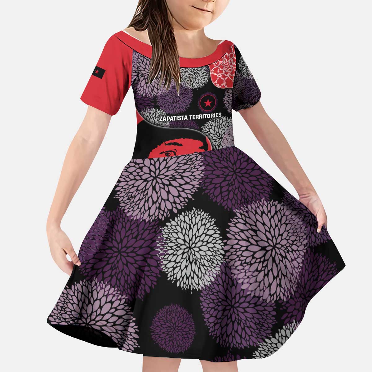 Zapatista Territories Kid Short Sleeve Dress Mexico with EZLN Masked Face and Floral - Wonder Print Shop