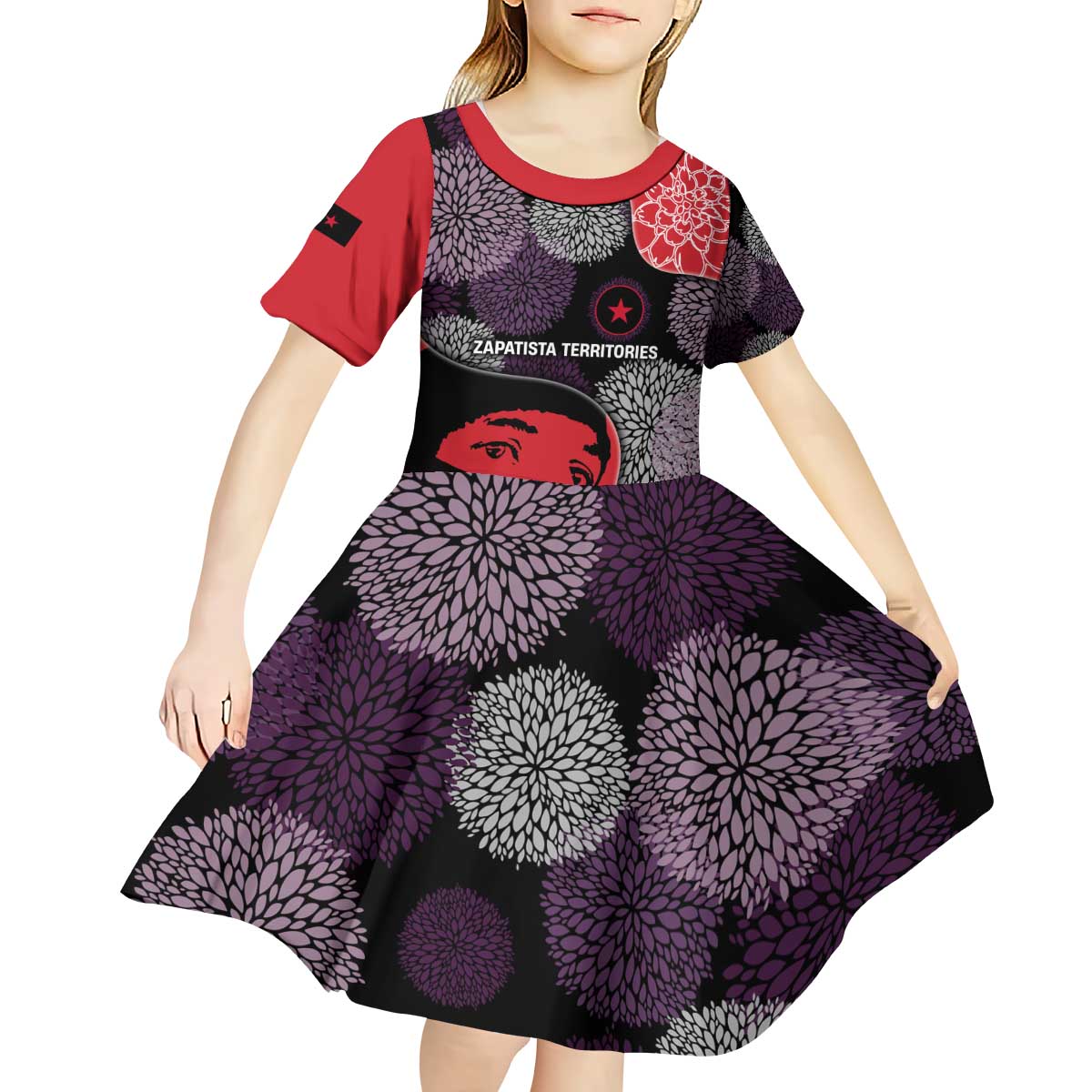Zapatista Territories Kid Short Sleeve Dress Mexico with EZLN Masked Face and Floral - Wonder Print Shop