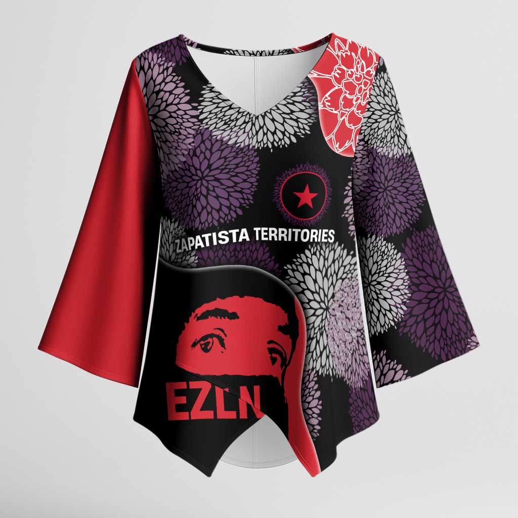 Zapatista Territories Kimono Sleeve Blouse Mexico with EZLN Masked Face and Floral - Wonder Print Shop