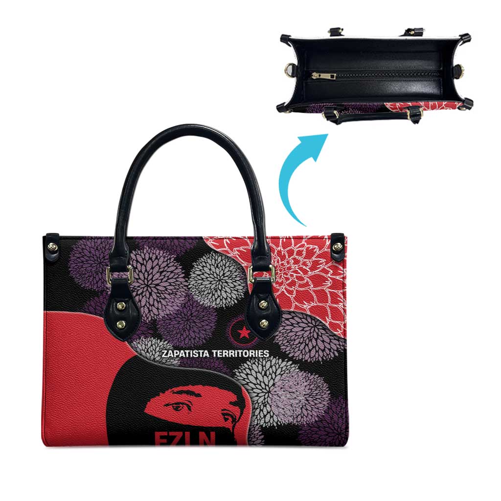 Zapatista Territories Leather Bag Mexico with EZLN Masked Face and Floral - Wonder Print Shop
