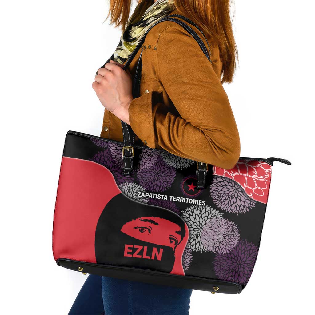 Zapatista Territories Leather Tote Bag Mexico with EZLN Masked Face and Floral - Wonder Print Shop