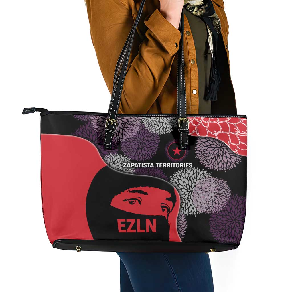 Zapatista Territories Leather Tote Bag Mexico with EZLN Masked Face and Floral - Wonder Print Shop